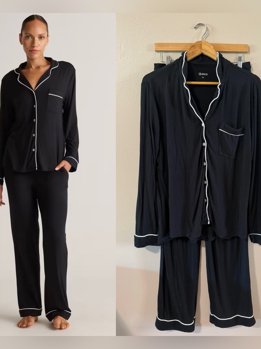 QUINCE Bamboo Jersey Long Sleeve Pajama Set in True Black Size M